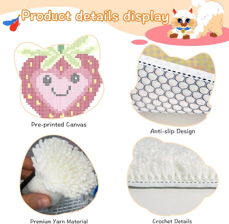 YP Strawberry Smiley Face Latch Hook Kit for DIY Craft Lovers - 12x12 Inch Crochet Rug Making Set, Fun & Creative Home Decor Needlework Project for Beginners - Image 3